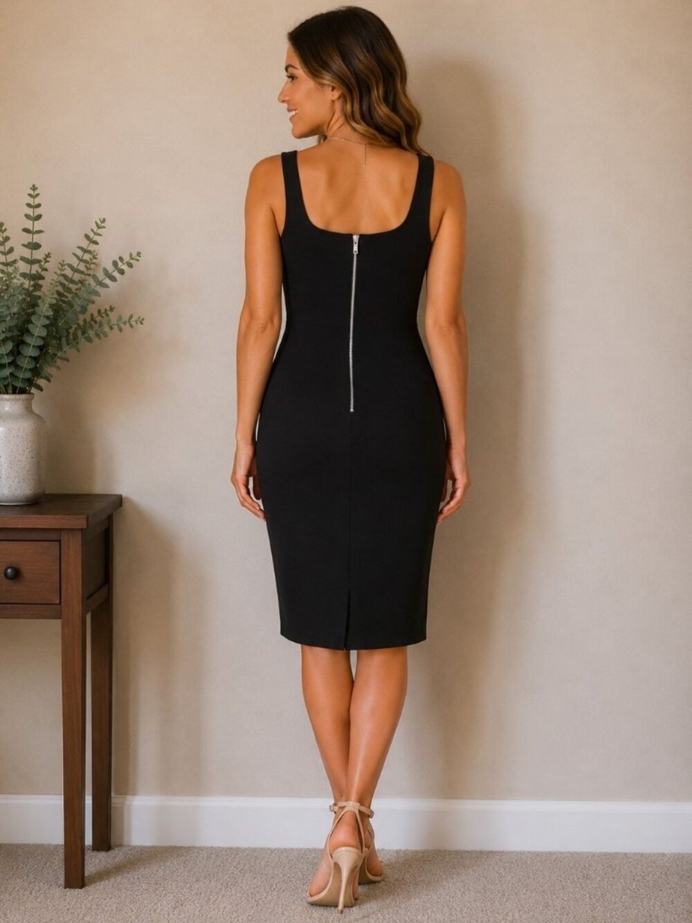 Popular Basics Black Square-Neck Midi Sheath Dress